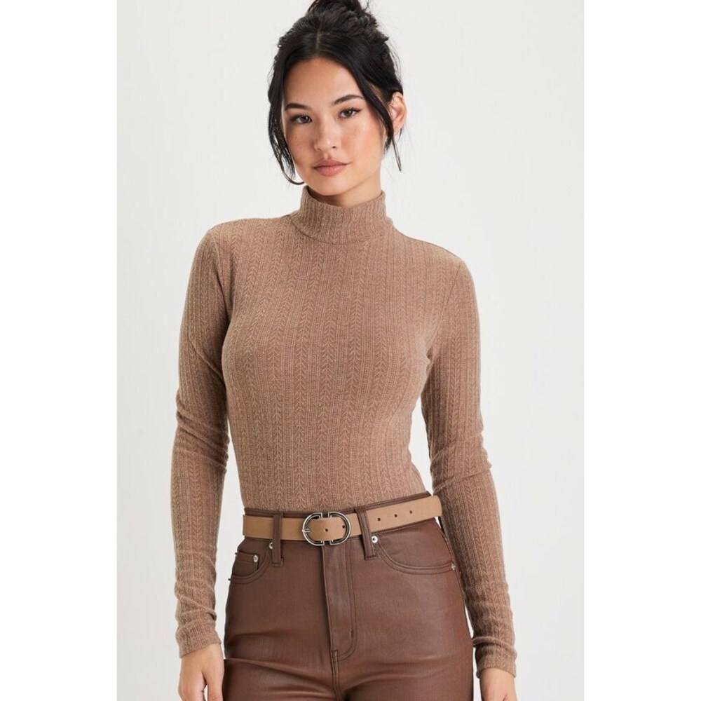 Lulus Darling Inclination Brown Pointelle Long Sleeve Bodysuit - Size L - Picture 1 of 9